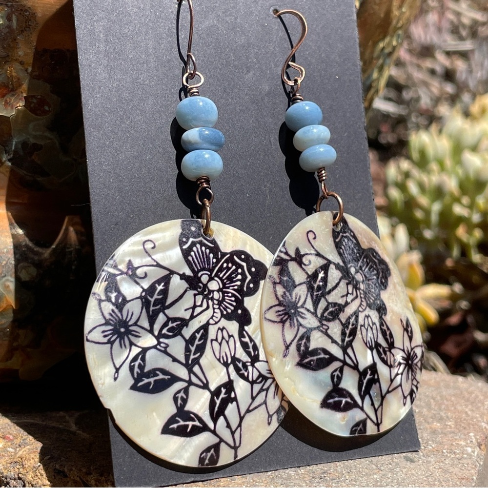 Blue Opal And Butterfly Seashell Copper Dangling Earrings - Picture 4 of 9